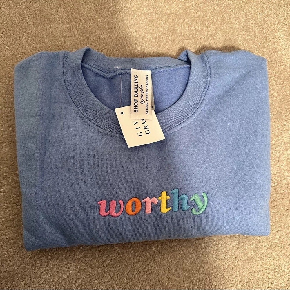 Shop Darling Jessi Afshin Worthy Christian Sweatshirt Small NWT Blue Multicolor